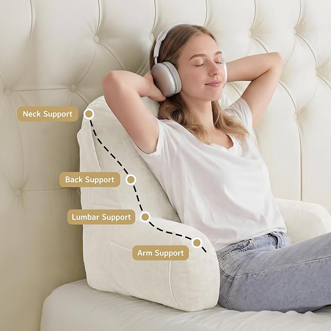 Unisakey Portable Comfy Reading Pillows for Bed Sitting Up(Beige Oeko-Tex), Velvet Back Pillow with Arms & Pockets for Adults, Support Memory Foam Bed Pillow for Dorm/Reading/Watching/Gaming