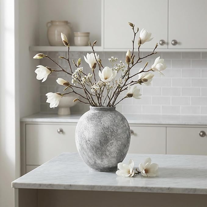 Starttag Large Ceramic Vase, 9.8 inch Rustic Farmhouse Flowers Vase for Home Decor, Sandstone Texture Round Pottery Tall Vase Indoor for Table Living Room Decor, Grey