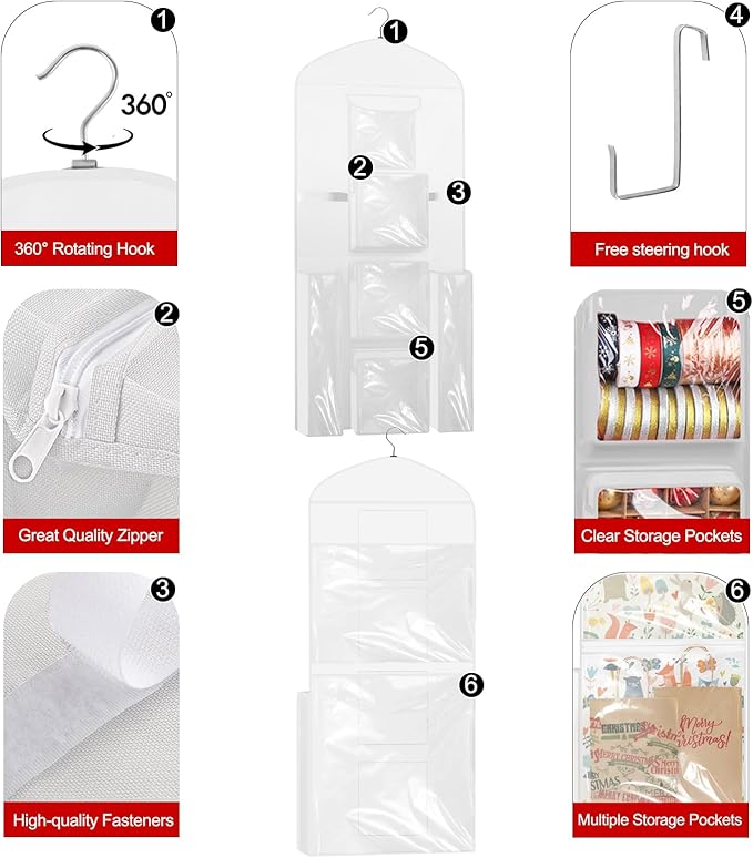 Woodoulogy Hanging Gift Wrapping Paper Storage, 40"X17" White Double-Sided Christmas Wrapper Bag Container, Oxford Craft Roll Organizer, Present Wrap Holder for Bedroom Closet, Door, Cabinet