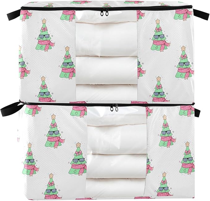 Burbuja Christmas Tree Clothes Storage Bag with Lids and Handle, 2 Pack Foldable Blanket Storage Container with Sturdy Zipper & Clear Window for Bedroom Closet, 60L