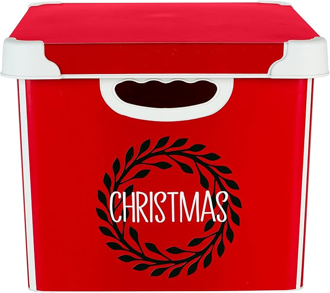 Simplify Christmas Wreath Design Holiday Tote Bin Ornament Storage | Dimensions: 15.4"x 11.4"x 9.25" | Holds 60 Ornaments | Red | Removable Lid | Easy Carry Handles |