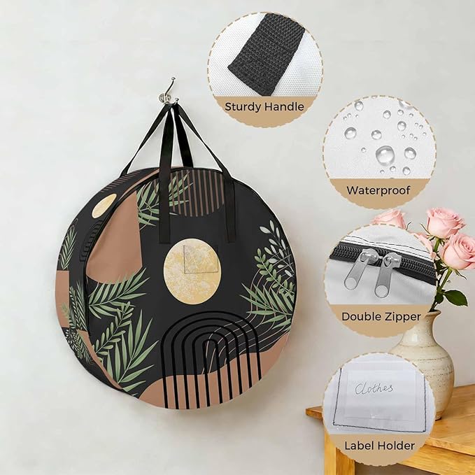 36 Inch Round Storage Bag 2 Pack,Boho Leaf Arch Moon Waterproof Wreath Storage Container with Handles&Zipper Mid Century Vintage Brown Closet Organizer Bags Garland Box