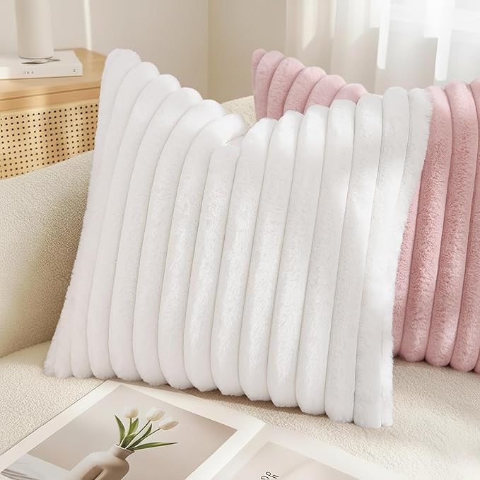 decorUhome Summer Cozy Faux Fur Throw Pillow Covers 20x20 Set of 2 Decorative Soft Plush Striped Modern Farmhouse Boho Couch Pillow Cases with Velvet Back for Sofa Bed Living Room, White