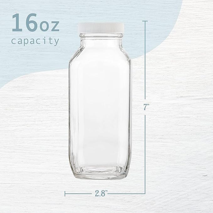 kitchentoolz 16oz Square Glass Milk Bottle with Lid - Airtight Vintage Reusable Dairy Drinking Jars Containers for Milk, Yogurt, Smoothies, Juice, Kefir, & Water (Pack of 6)