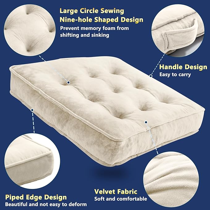 1 MIDDLE ONE Floor Pillow Set of 2, Memory Foam Meditation Cushion, Floor Cushions for Adults Sitting, Large Square Seat Cushions for Yoga, Living Room, 20x20 Inch (Off-White)