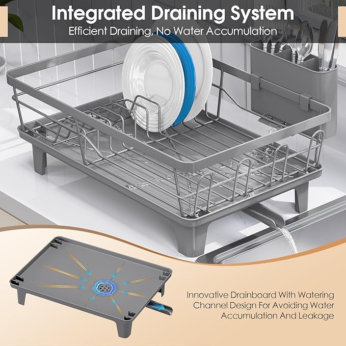 Urackify Dish Drying Rack for Kitchen Counter, Sink Dish Rack with Drainboard 12.2" W x 16.5" L, Large Dish Drainer with Cutlery Holder, Home Countertop Plate Dryer Storage Rack, Gray