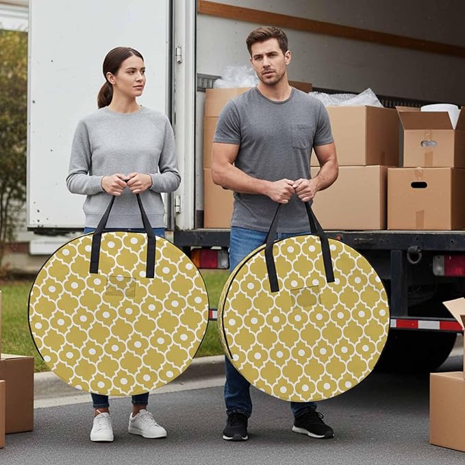 Storage Bag Retro Moroccan Design Round Storage Totes Bins Closet Organizers with Zippers & Handle Yellow Geometric Pattern Clothes Storage Container for Bedroom Dorm Space Saving Packing Supplies