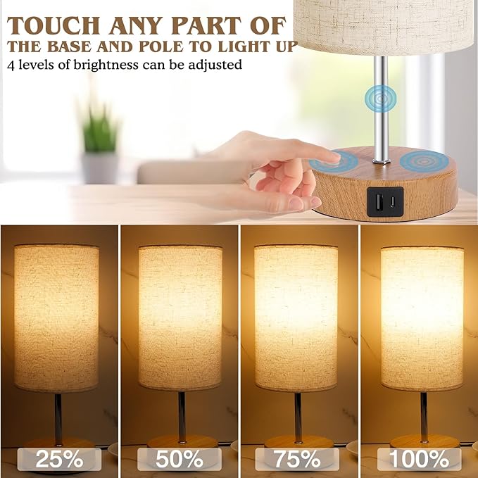 UNIFUN Bedside Table Lamp for Bedroom - 4 Way Dimmable Touch Lamp with USB and Type-C Charge Port, Small Wood Base Round Flaxen Fabric Shade Lamp Living Room,Bedroom Use(Yellow Color Base)