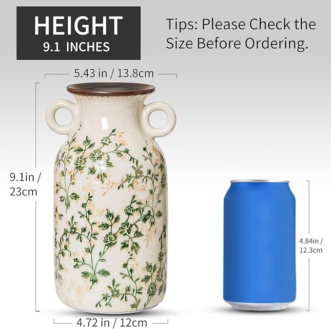 for Mom from Daughter or Son, Vintage Pastoral Ceramic Vase with Handles 9.1”, Green & Beige Chinoiserie Floral Vase, Rustic Farmhouse Decor for Living Room, Kitchen, Bedroom