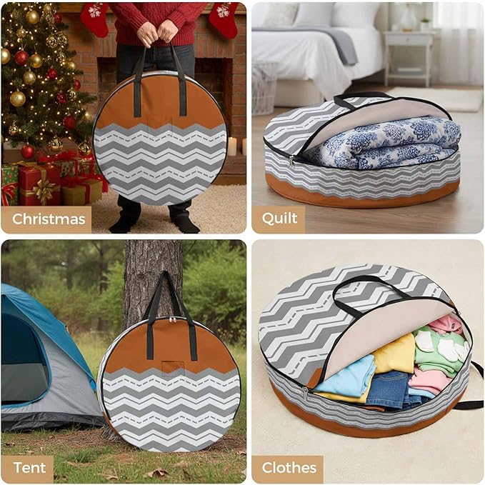Storage Bag Burnt Orange Grey Waves Round Storage Totes Bins Closet Organizers with Zippers & Handle Chevron Stripe Clothes Storage Container for Bedroom Dorm Space Saving Packing Supplies Moving Bags