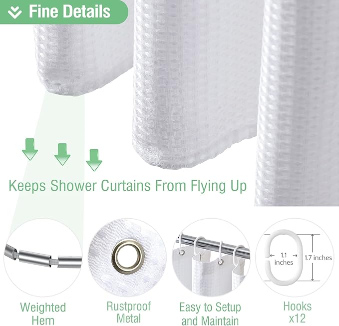 Dynamene Extra Long Fabric Shower Curtain - Waffle Weave 84 Inches Long Heavy Duty Cloth Shower Curtains for Bathroom, 256GSM Tall Hotel Luxury Bath Curtain Set with 12 Plastic Hooks(72Wx84H, White