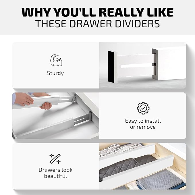 4-Pack White Drawer Dividers - Fits Drawers 12.2 to 17.3 Inches Deep, 2.6 Inch High, 0.6 Inch Thick, Adjustable Bamboo Drawer Organizers Separators for Dresser Clothes, Kitchen, Bathroom, Home, Office