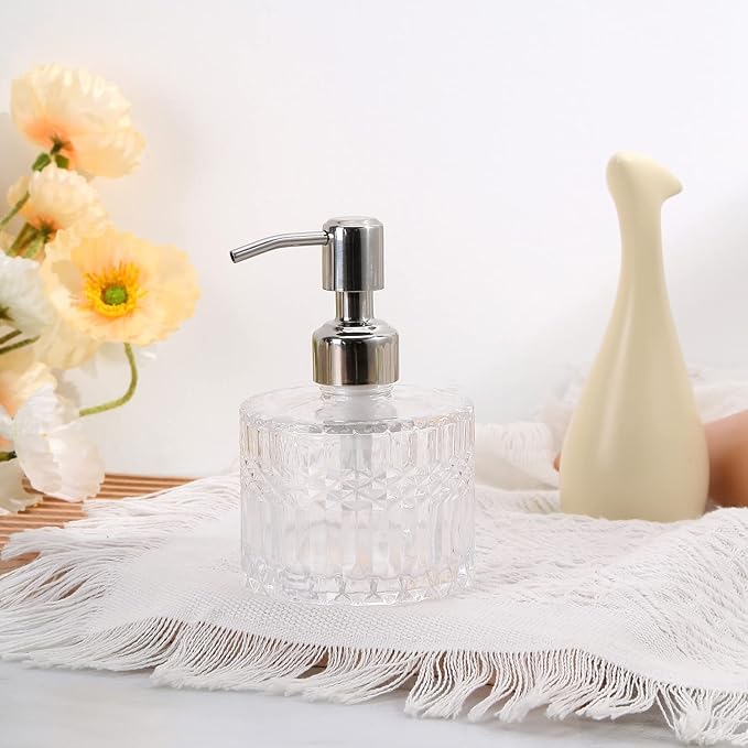 YunNasi Soap Dispenser with Stainless Steel Pump, Clear Crystal Design, Vintage and Elegant, Refillable Liquid Hand Soap Dish Soap Dispensers for Bathroom Counter, Kitchen Sink (Style 5)