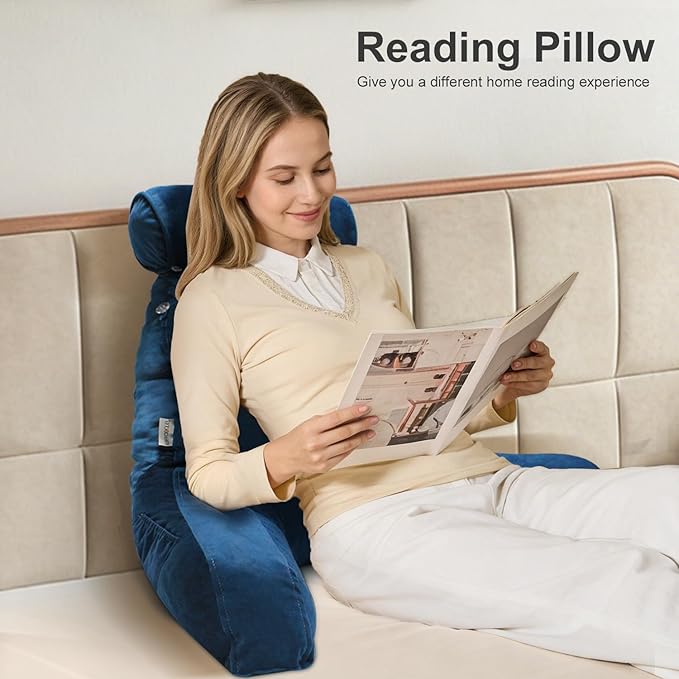 Reading Pillow for Sitting in Bed Adult with Detachable Neck Roll & Big Backrest Pillow for Bed Sitting up with Arms Side Pocket Shredded Foam Back Pillows Chair Pillow with Washable Cover