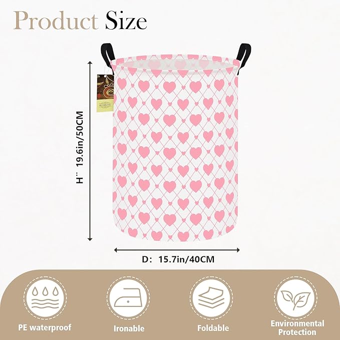 HUNRUNG Collapsible Fabric Storage Basket, Waterproof Laundry Hamper with Handles, Round Storage Bin for Clothes Toys, Foldable Organizer for Bedroom Nursery Bathroom(Round-Heart)
