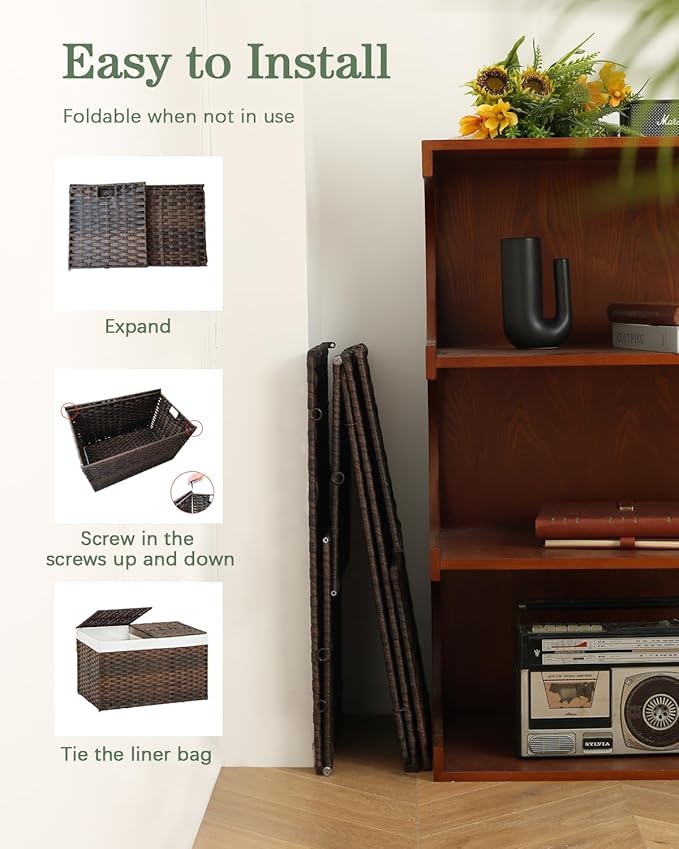 SETVSON Storage Basket with Lid Rattan Woven Storage Baskets with 2 Separate Lids, 17.2 Gallon (65 L), 22 x 13 x 13.8 Inches,Foldable, 2 Removable Liner Bags Handles for Bedroom, Laundry Room Brown