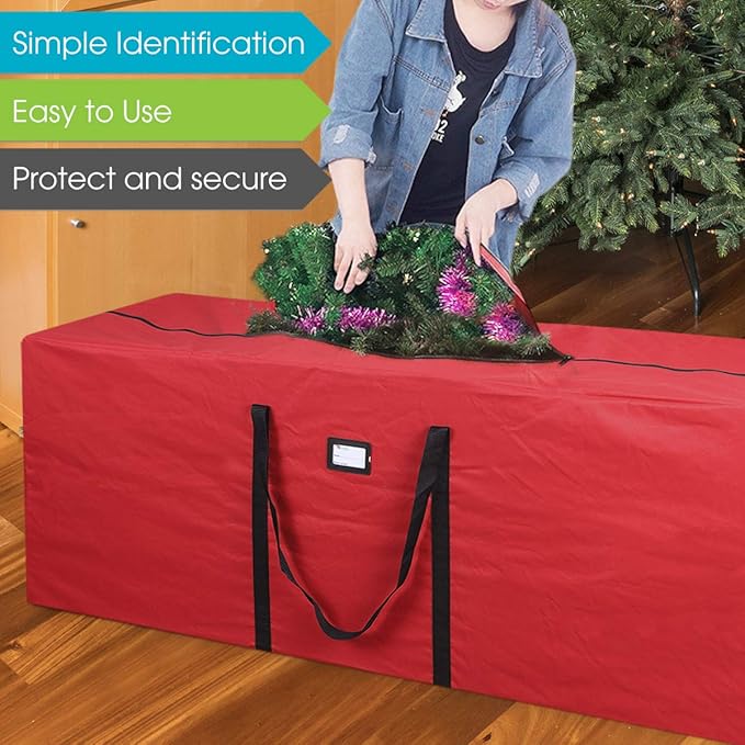 Primode Heavy Duty Christmas Tree Storage Bag | Fits Up to 9 Ft. Tall Disassembled Tree | 25" Height X 20" Wide X 65" Long | Durable 600D Oxford Material | Heavy Duty Xmas Storage Container (Red)