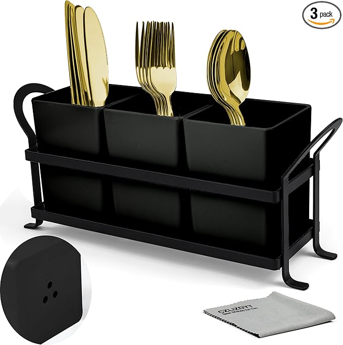 Czlizdyt Cutlery Holder with Drain Holes, Silverware Caddy for Party Countertop, 3pcs Bins Set Utensil Holders for Spoon and Fork, Black