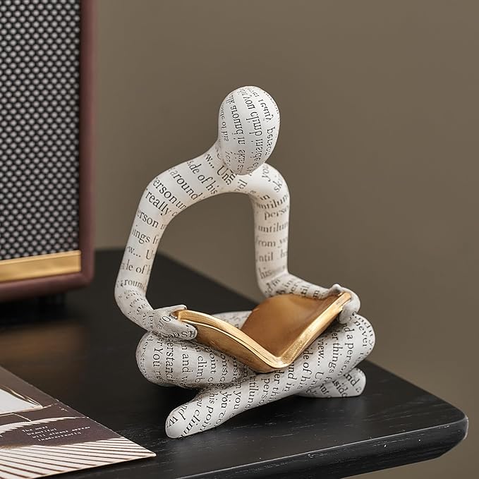 White Decor Reading Statue - Modern Abstract Thinker Sculptures - Resin Decorations for Living Room Coffee Table - Bookshelf Shelf Decor Accents for Dining Room Office - Gifts for Women