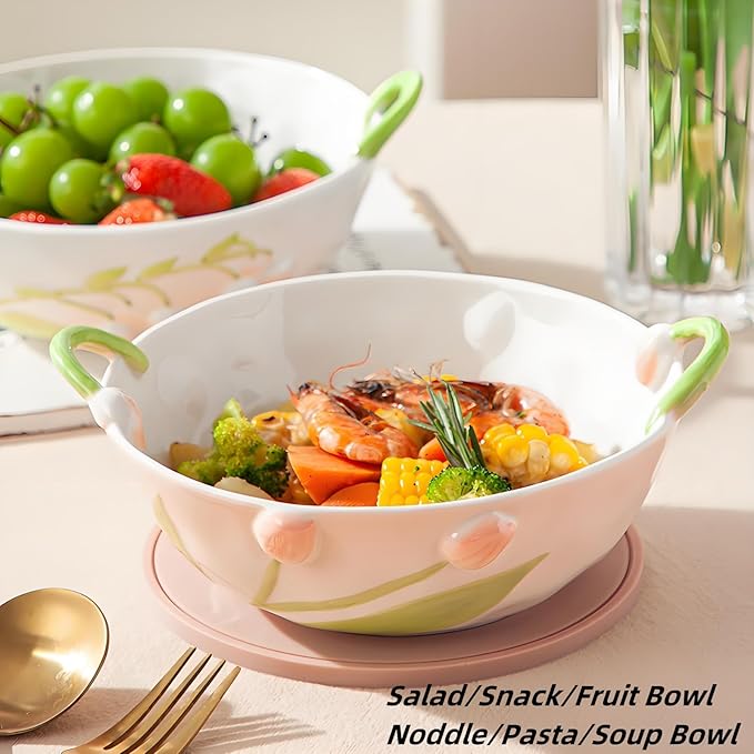 Ceramic Fruit Bowl with Handles, 3D Hand-Painted Lutip Floral Design Serving Bowl for Soup, Pasta, Salad and Snacks, 24oz, Microwave & Dishwasher Safe