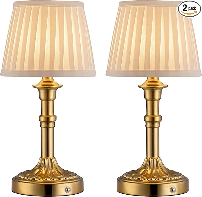 KDG Cordless Portables Table Lamp Set of 2, LED Fabric Shade Small Desk Lamps, 5000mAh Battery Powered Lighting, 2700K Stepless Dimmable Light for Living Room, Dining Room, Bedroom, Bedside (Gold)