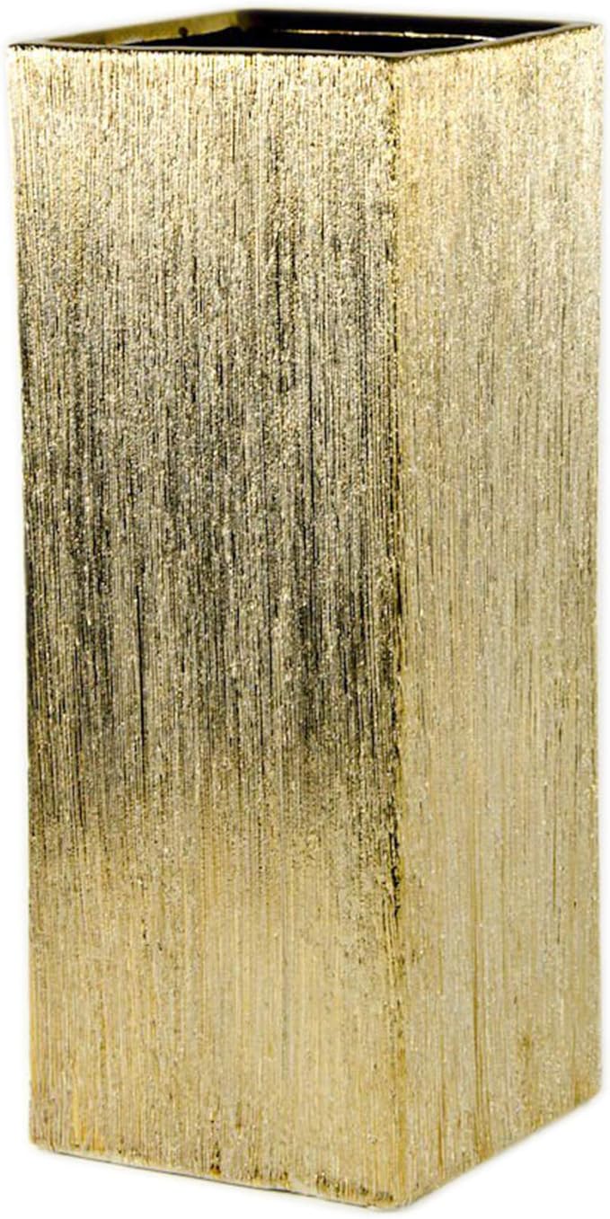 WGV Ceramic Block Vase 5" W x 12" H, (Multiple Size/Color Choices) Matte Tall Square Flower Planter Pot, Accents Home Office Tabletop Decor, Ideal Gifts Gold Textured 1 Piece (CSB0512GX)