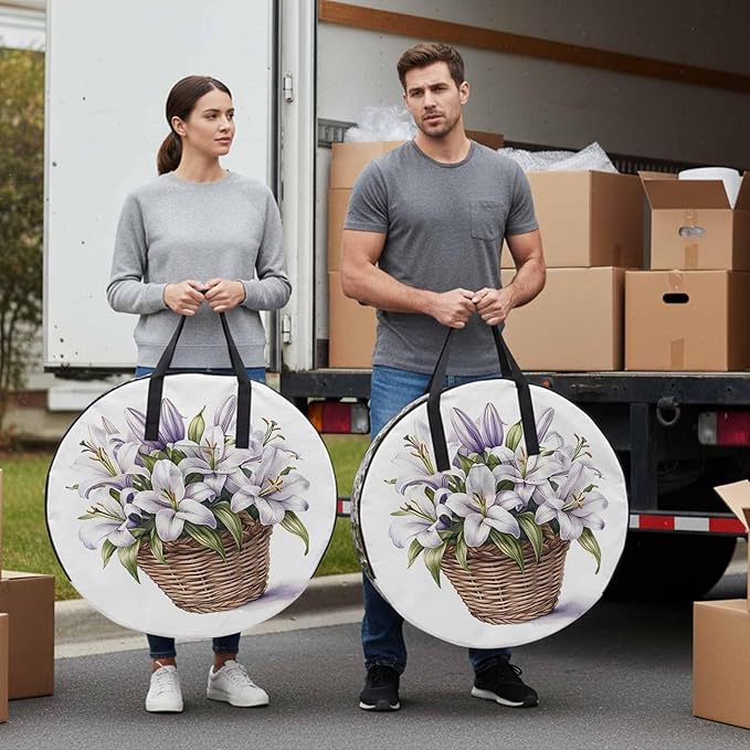 Spring Lily Round Storage Bag 36 Inch, Retro Flowers Basket Clothes Storage Container with Handles Heavy Duty Organizer for Comforter, Bedding & Holiday Wreaths