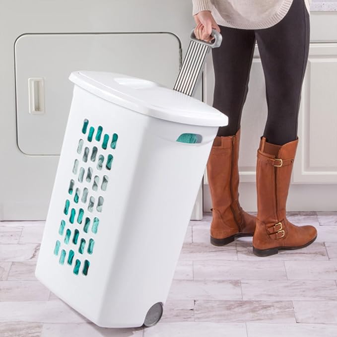 Sterilite 3 pack Ultra Wheeled Hamper, Laundry Basket w/Flip-Top Lid & Retractable Handle - Plastic Rolling Clothes Storage Cart with Ventilated Holes for Home, Apartment or Dorm