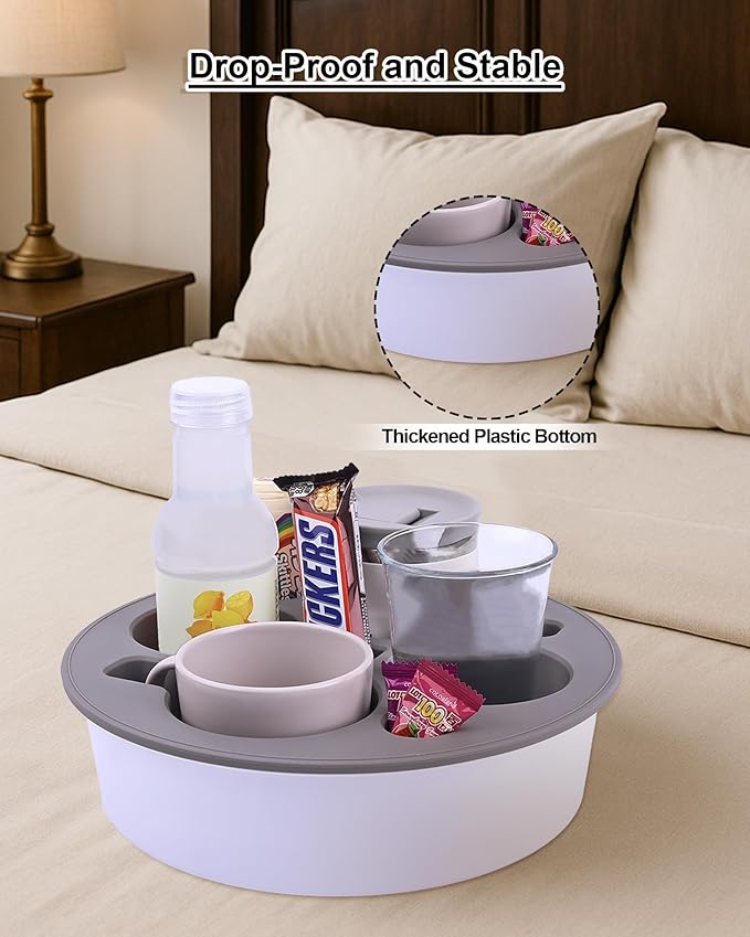 Couch Cup Holder Tray Round, 4-Cups Bedside Drink Holder for Elderly/Pregnancy, Stable Non-Spill Silicone Couch Caddy for Remote Control, Glasses‌, Snacks, Phones‌ (White-Gray)
