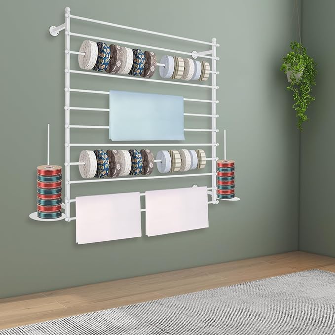 12-Layer Ribbon Holder Organizer Rack Wall Mounted Wrapping Paper Storage Rack Ribbon Dispenser Holder Wrapping Station Display Racks for Craft Room Florist Cake Shop(White)