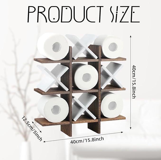 Weysat Tic Tac Toe Toilet Paper Holder Stand Bathroom Wall Decor Rustic Wooden Hanging Storage Freestanding Wall Mounted Shelves Decor for Toilet Tissue Farmhouse