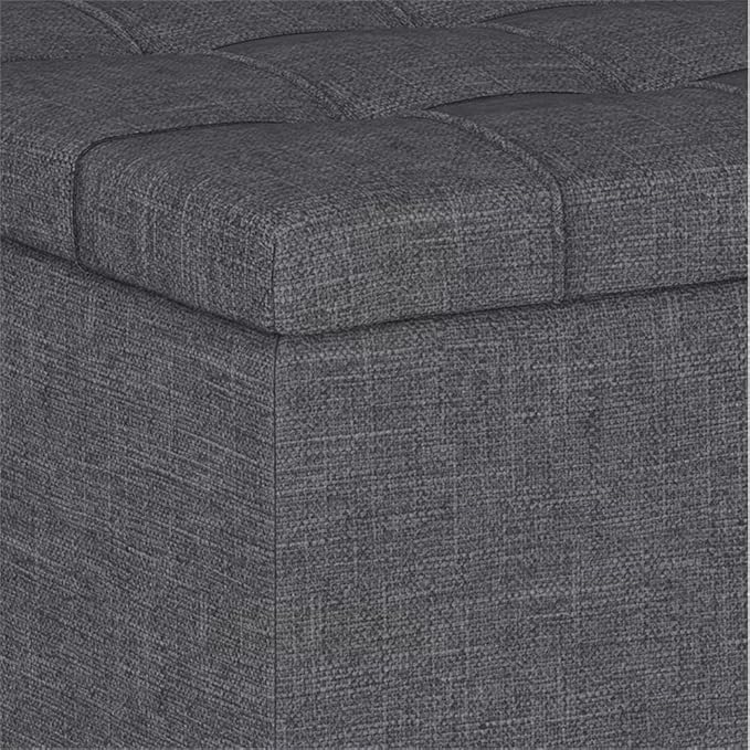 SIMPLIHOME Harrison Small Coffee Table Storage Ottoman - 34 inch Wide Upholstered Linen Look Fabric Rectangular Lift-Top Ottoman in Slate Grey, Transitional Ottoman for Living Room with Hidden Storage