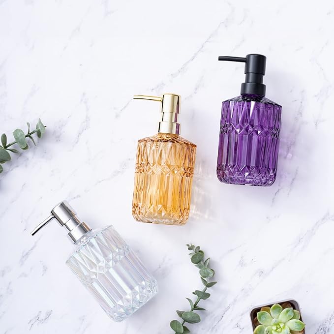 Diamond Design 12 Oz Purple Glass Soap Dispenser,Refillable Lotion Soap Dispenser for Bathroom, Kitchen, Hand Soap, Dish Soap,Shampoo, Ideal for Bathroom Countertop. (Purple)