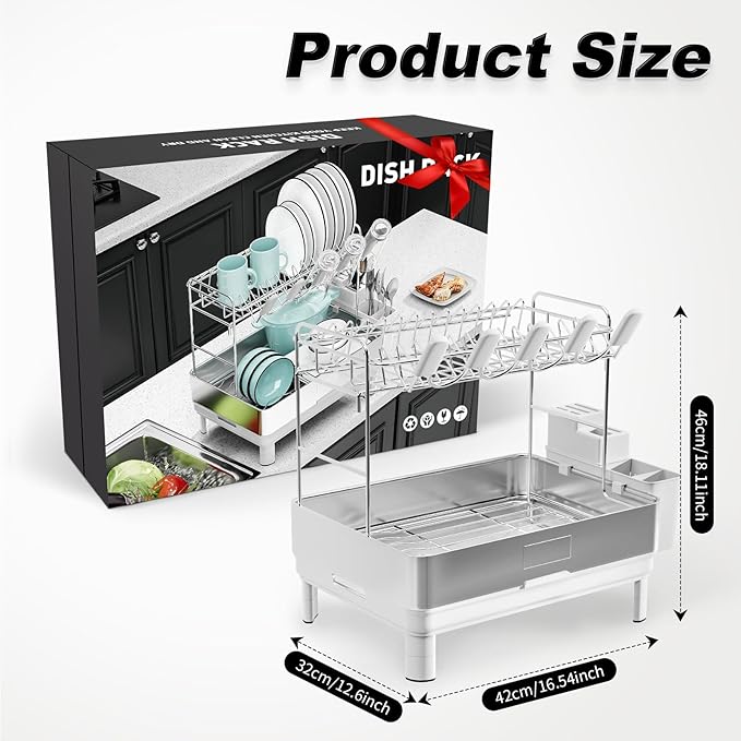 Ewaiira Dish Drying Rack, 2 Tier Large Dish Rack, Stainless Steel Dish Drainer for Kitchen Counter, Dishes Rack with Automatic Drainage, Utensil Holder&Cups Holder,Space Saving Kitchen Organizer,White