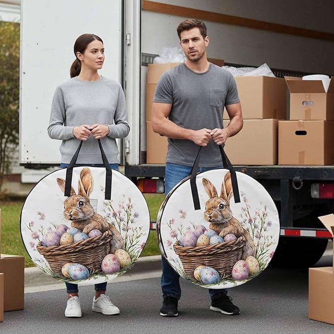 30 Inch Round Storage Bag 1 Pack,Easter Bunny Egg Basket on White Waterproof Wreath Storage Container with Handles&Zipper Spring Pastoral Plant Closet Organizer Bags Garland Box
