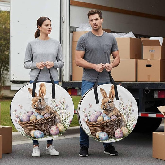 24 Inch Round Storage Bag 2 Pack,Easter Bunny Egg Basket on White Waterproof Wreath Storage Container with Handles&Zipper Spring Pastoral Plant Closet Organizer Bags Garland Box