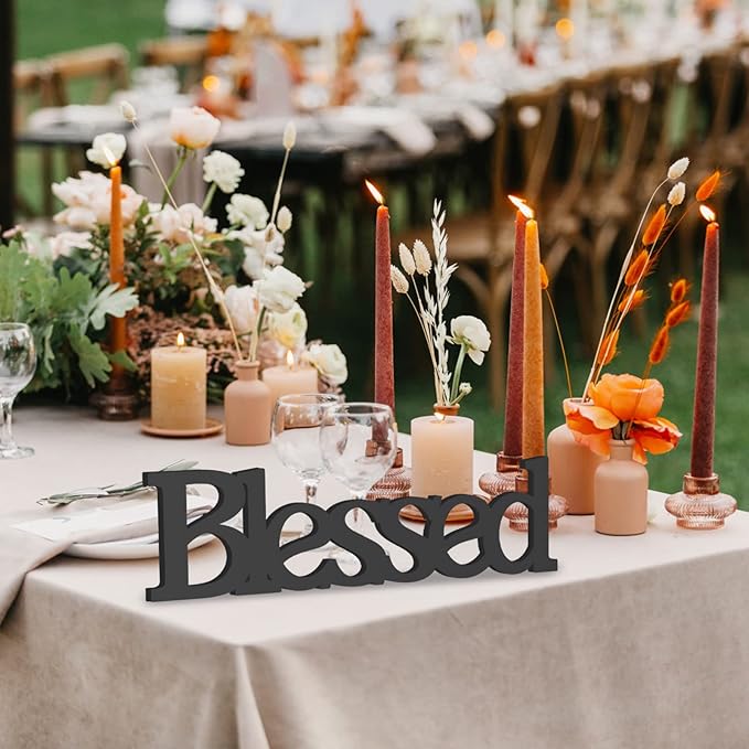 Blessed Letter Table Sign,Rustic Wooden Home Signs Decor (black)