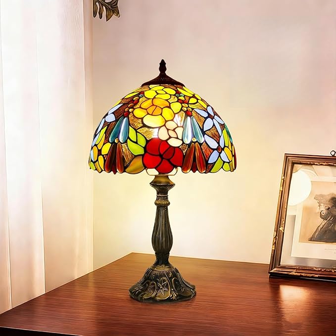 Tall Table Lamps Bedside Nightstand Rose Flower Beads Stained Glass Table Lamp for Bedroom,Living Room,Dining Room Restaurant Hotel Desk Reading Light+LED Bulb,12X12X18 INCH