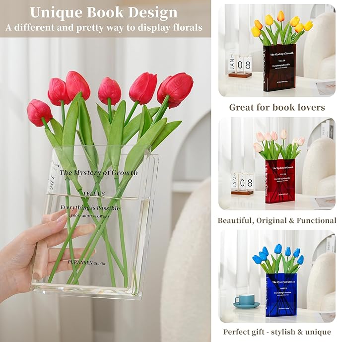 Puransen Clear Bookend Vase for Flowers - Aesthetic Room Decor for Modern Home/Office, Minimalist Shelf Organizer with Floral Display, for Book Lovers & Interior Design Enthusiasts