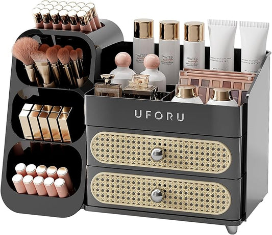 Makeup Organizer for Vanity with Brush Holder, Large Plastic Bathroom Countertop Skincare Organizer with 2 Drawers, Spacious Cosmetic Display Case for Perfumes, Eyeshadow Palettes, Nail Polishes