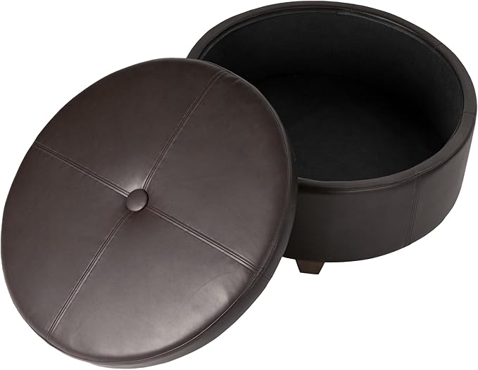 Homepop Home Decor | Upholstered Faux Leather Large Tufted Round Storage Ottoman | Button Top Ottoman with Storage for Living Room & Bedroom | Decorative Home Furniture, Vintage Brown Faux Leather