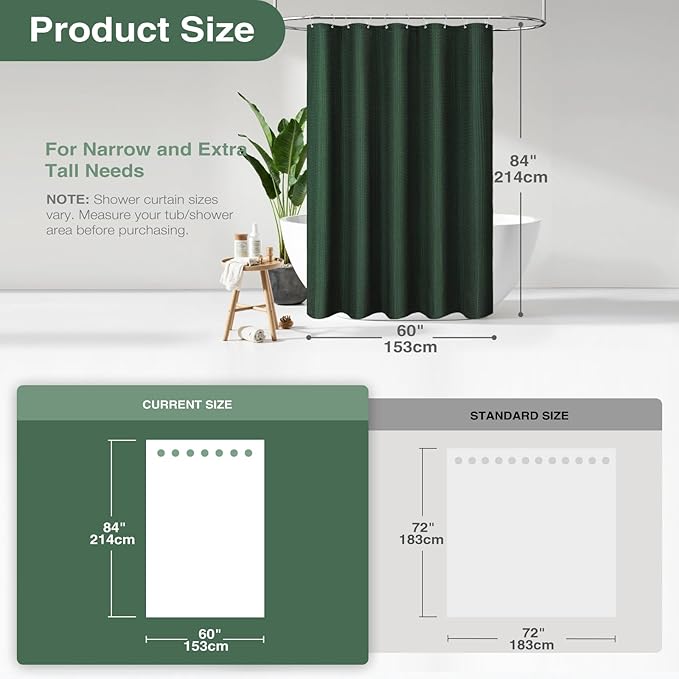 Dynamene Stall Fabric Shower Curtain - 60 x 84 inch Long Waffle Weave Weighted Thick Cloth Shower Curtains for Bathroom, Neutral Heavy Duty Hotel Spa Luxury Bath Curtain Set with 10 Hook, Dark Green