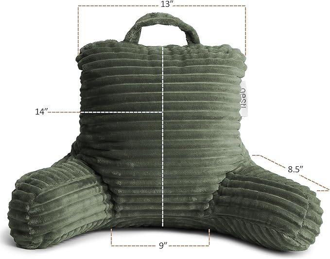 Nestl Olive Green Reading Pillow with Bed Desk for Laptop and Writing, Luxe Cut Plush Back Pillow for Sitting Up, Back and Arms Adjustable Support for Kids and Teens, Foldable Lap Desk for Bed 19x11”