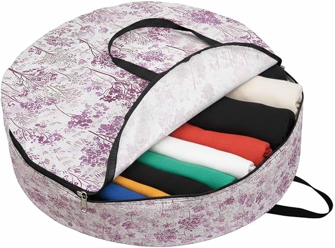 Storage Bag Maple Tree Pine Round Storage Totes Bins Closet Organizers with Zippers & Handle Watercolor Plants Purple Clothes Storage Container for Bedroom Dorm Space Saving Packing Supplies Bags