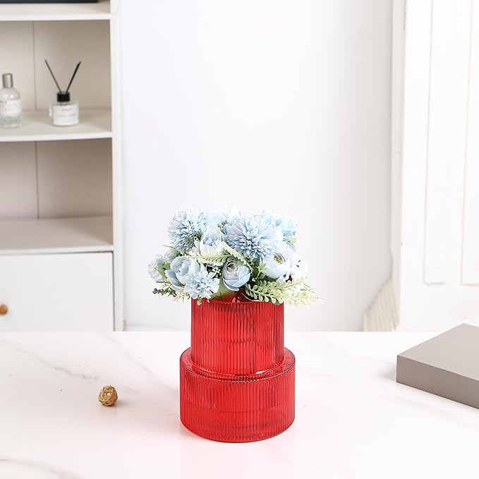 Ribbed Glass Vase, Flower Vase, Fluted Red Vases for Flowers, Modern Vases for Living Room, Dining Table, Entryway, Shelf, Wedding, Office, Coffee Table, Birthday, 7.5 Inches