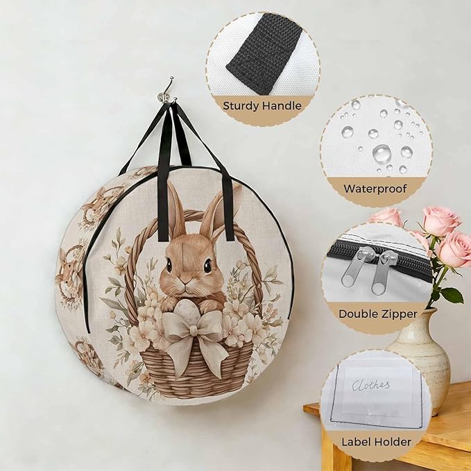 36 Inch Round Storage Bag 1 Pack,Easter Rabbit Basket on Vintage Linen Waterproof Wreath Storage Container with Handles&Zipper Spring Flower Bow Closet Organizer Bags Garland Box