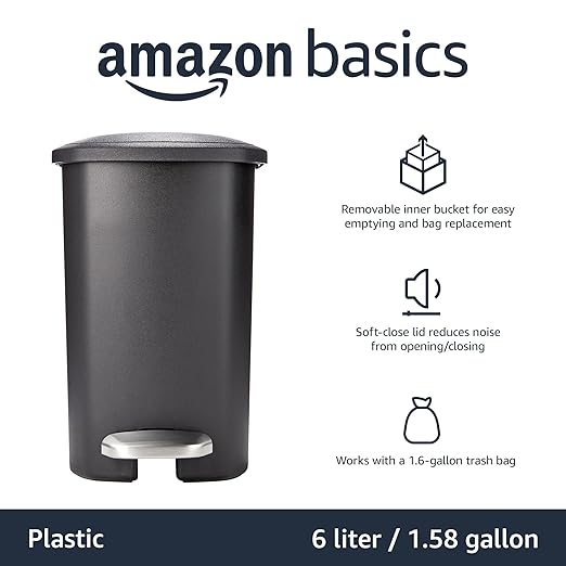 Amazon Basics Compact Plastic Bathroom Trash Can with Soft-Close Lid, Hands-Free Foot Pedal, Removable Inner Bucket, 6L / 1.6 Gallon, Black