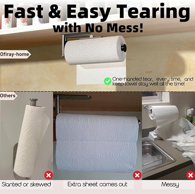 Upgraded Kitchen Paper Towel Holder - One-Hand Tear Under Cabinet Stick-on Towel Rack for Hanging Paper - First Apartment Essentials Wall Mount Self Adhesive Stainless Steel Rack Fits Black