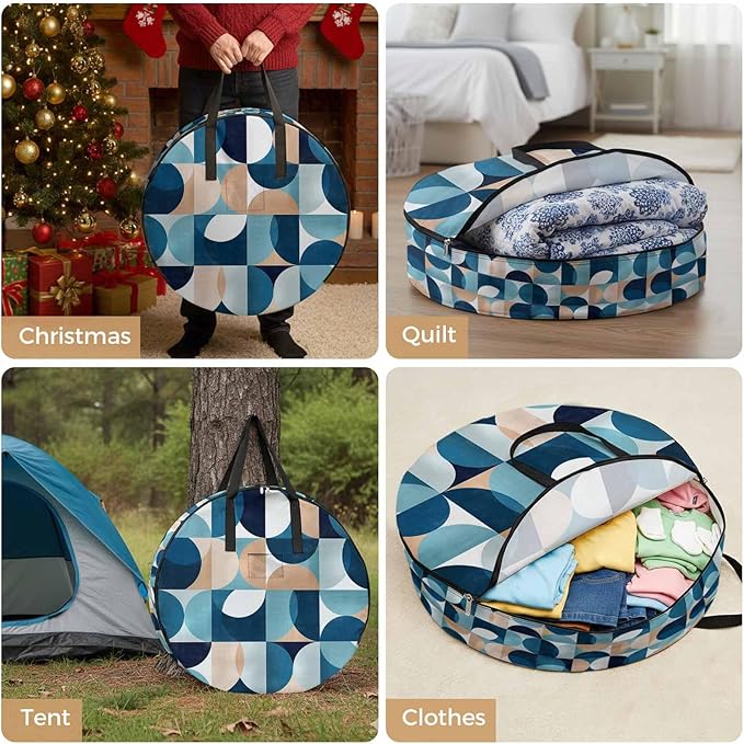 Storage Bag Mid Century Geometric Round Storage Totes Bins Closet Organizers with Zippers & Handle Abstract Modern Blue Clothes Storage Container for Bedroom Dorm Space Saving Packing Supplies Bags
