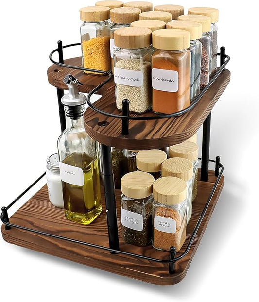 2 Tier Wooden Spice Rack Organizer, 360° Rotating Lazy Susan, 11.8 Inch Large Capacity Countertop Spice Shelf, Adjustable Height, Pine Wood, for Kitchen Bathroom Cosmetic Storage gift set